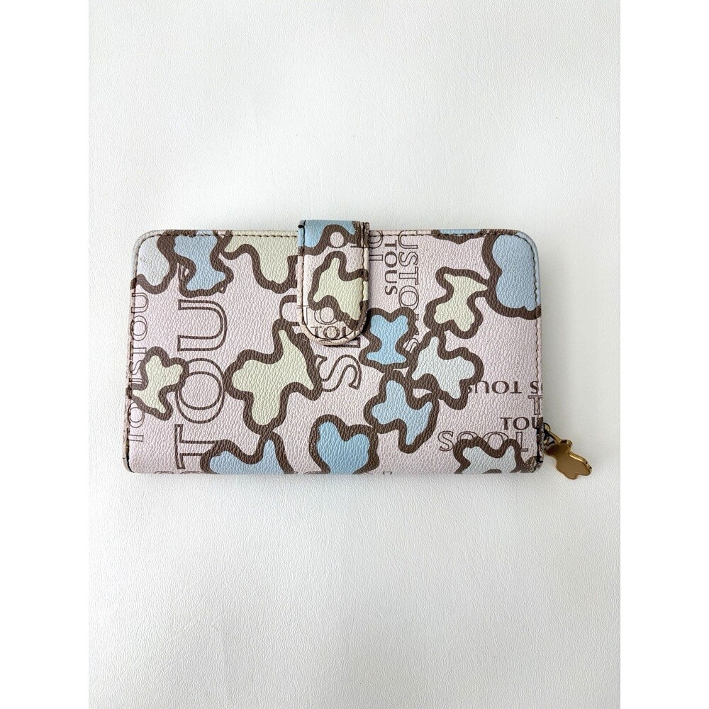 TOUS Pink Leather zip around clutch wallet w/ Teddy Bear Print 7" x 4" Leather